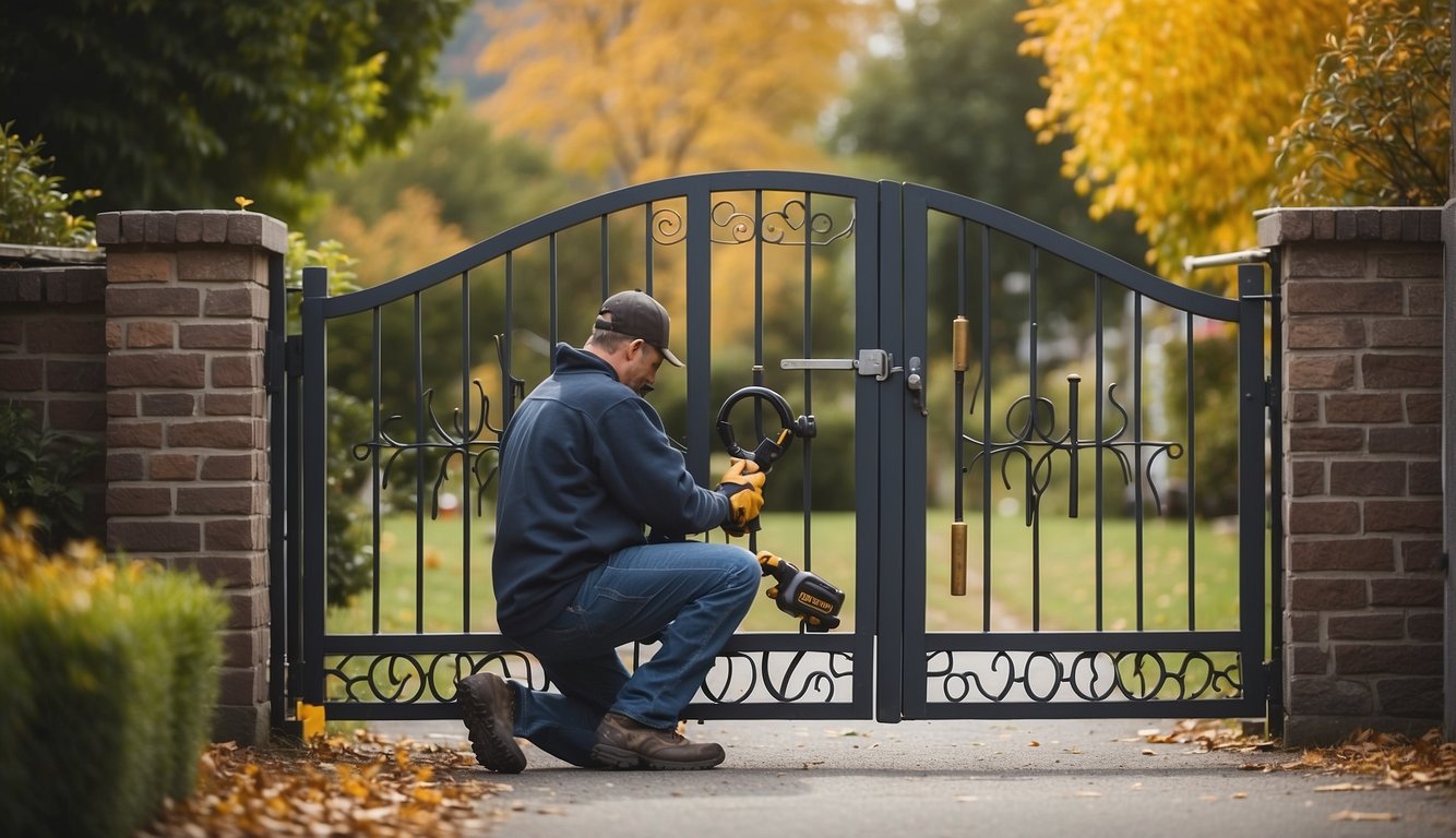 A technician fixing a broken residential driveway gate.